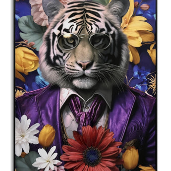 Dapper Tiger Blooms - 30" x 40" Framed Wall Art - Purple