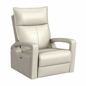 Eco P1 power swivel glider recliner in Del Mar Cream leather, angled front view with side control panel
