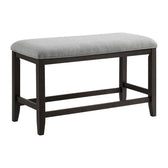 Elodie counter bench, angled view, light gray fabric seat on charcoal wood legs with stretchers