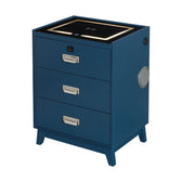 Rio nightstand in blue, angled view showing three drawers, lit glass top and side speaker