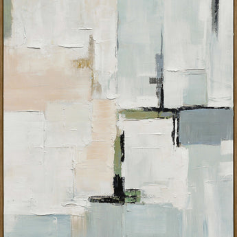 Quiet Intervals II - 35 X 47 - Hand-Painted Canvas In Frame - Ivory, Pale Blue, Beige, Gray, Black, Muted Green