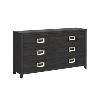 Tobias 6-drawer dresser in black, angled front view with sloping slat drawer fronts and metal pulls