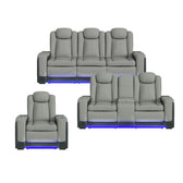Lantana power reclining sofa, console loveseat and recliner in gray and charcoal with blue LED base lighting, front view