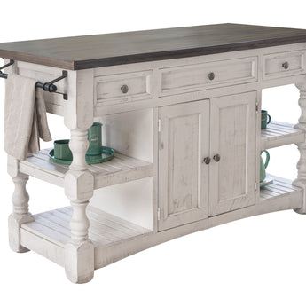 Stone Kitchen Island With 3 Drawer / 2 Doors / 4 Shelves And Casters Antiqued Ivory / Weathered Gray - Quality Home Furniture
