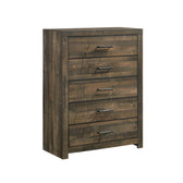 Bailey 5-drawer chest in walnut, angled front view showing rustic wood grain and dark bar pulls