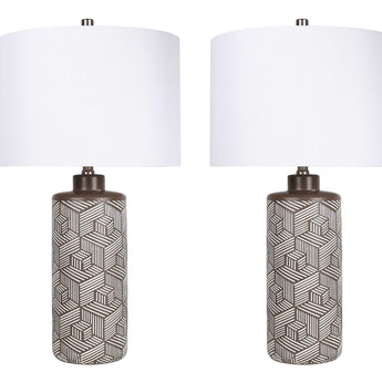"Geometric Harmony" Ceramic Table Lamp (Set of 2) - Brown / White