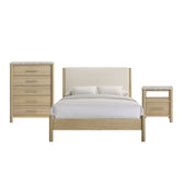 Jonas bedroom set in natural finish, front view with chest, upholstered bed and nightstand
