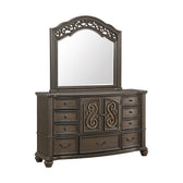 Brunswick dresser and arched mirror in mahogany, angled view with scroll crest and carved cabinet doors