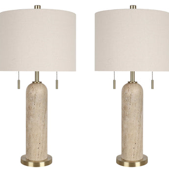 "Travertine Elegance" Travertine Table Lamp (Set of 2) - Travertine / Soft Gold
