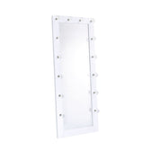 Lindy floor mirror with lights in glossy white, angled front view showing vanity bulbs around the frame