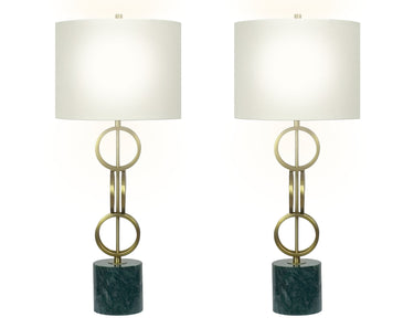 "Marble Harmony" Metal Table Lamp On Marble Base (Set of 2) - Green Marble / Matte Golden Bronze