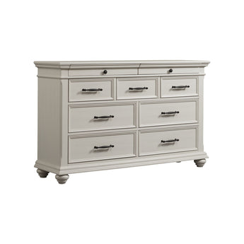 Slater 9-drawer dresser in antique white, angled front view with dark metal pulls and bun feet