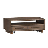 Brisbane coffee table in brown, angled view showing the open shelf, two drawer fronts and casters