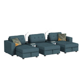 Options One blue set: three seats with storage ottomans and two media consoles with reading lights, angled view