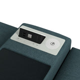 Console top with power strip, USB ports and charging pad beside a teal ottoman