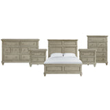 Whit-Ash queen panel bed in light gray with dresser, two nightstands and 5-drawer chest, front view