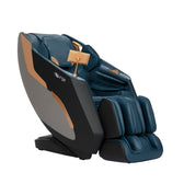 Enrich massage chair in navy PU, angled front view with black and copper side panels and tablet holder