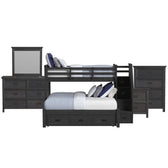 Hampton Kids twin over full bunk set in Charcoal with dresser, mirror, chest and nightstand, front view
