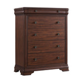 Phillipe 5-drawer chest in cherry finish, angled view showing slim top drawer and dark brass knobs