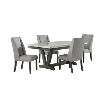 Everdeen 5 piece dining set: white faux marble top table and four grey nailhead side chairs, angle view