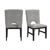 Two Oregon dining side chairs in gray fabric with black legs, one back view and one angled view