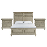 Whit-Ash light grey bed with two-panel headboard between two 2-drawer nightstands, front view