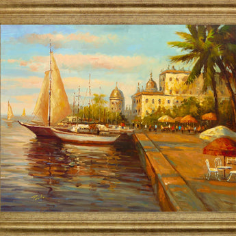 Sunlit Marina Promenade - 28" x 34" Framed Wall Art - Beige