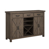 Yellowstone server in medium brown, angled view showing three drawers, two barn-style cabinet doors and center wine rack