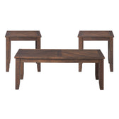 Jax three table occasional set in distressed brown finish: coffee table in front, two end tables behind
