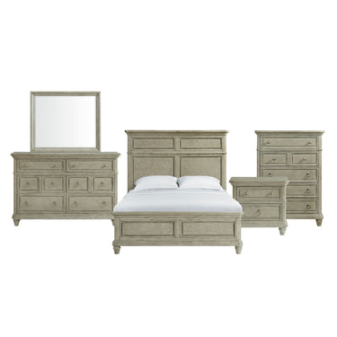 Whit-Ash light grey dresser with mirror, two-panel headboard bed, nightstand and five-drawer chest, front view
