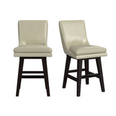 Two Villanova swivel counter stools in beige faux leather with espresso wood legs, front and angled views