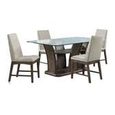 Dapper 5 piece dining set in walnut finish, rectangular glass top table with four cream upholstered chairs, angled view