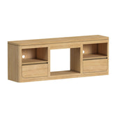Rosalie TV console in Natural finish, angled view with open center bay, side cubbies and two drawers