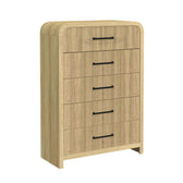 Ridgemont 5-drawer chest in Natural finish, angled view showing reeded drawer fronts and black bar pulls