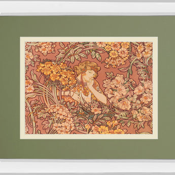 Redhead Among Flowers By Alphonse Mucha - Mirror Framed Print Wall Art - Pink