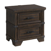 Colorado City 2-drawer nightstand in charcoal, angled front view showing metal rivet accents and bar pulls