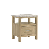 Jonas nightstand in natural finish with faux marble top, open shelf and one drawer, angled view