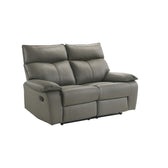 Wildcat motion loveseat in gray leather, angled front view showing pillow top arms and side recline lever