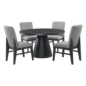 Portland 5-piece dining set in black: round pedestal table with four grey fabric side chairs, angled view