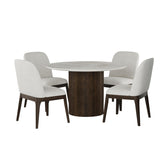Sylvie 5-piece dining set in dark brown: round white faux marble table, fluted base and four white chairs