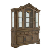 Madison Park server and hutch in walnut, angled view with lit glass display doors, drawers and cabinets