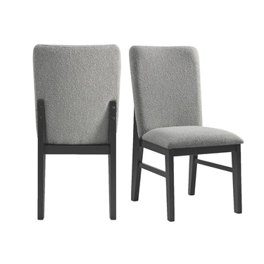 Two Portland side chairs in black with gray fabric, one back view and one angled front view