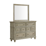 Whit-Ash 6-drawer dresser with framed mirror in light gray, angled view
