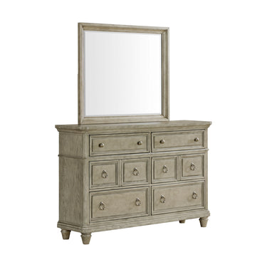 Whit-Ash 6-drawer dresser with framed mirror in light gray, angled view