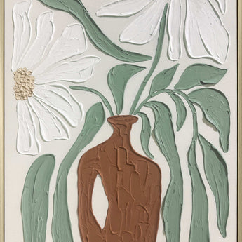 Clay Vessel Blooms II - 24 X 35 - Hand-Painted Canvas In Frame - Textured, White, Sage Green, Terracotta Brown, Beige, Champagne Frame