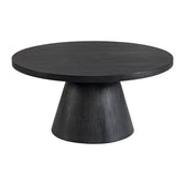 Portland round coffee table in black oak finish, front view with tapered pedestal base