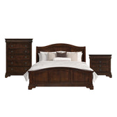 Cameron bedroom set in cherry with arched panel bed, five-drawer chest and nightstand, front view
