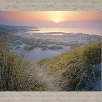 Misty Shoreline Glow - 28" x 34" Framed Wall Art - Light Blue