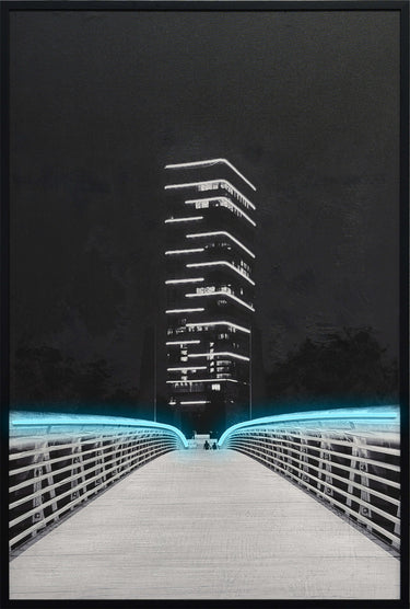 Electric Promenade - 32 X 48 - Hand-Embellished Color Changing Neon Canva - Black