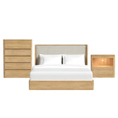 Rosalie 3 piece set in Natural: chest, upholstered bed and nightstand with lit open shelf, front view
